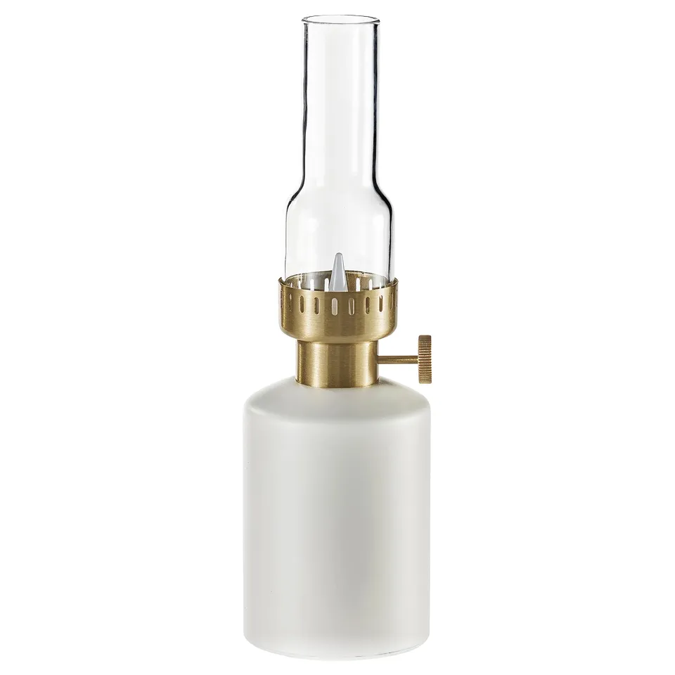 Knoeltang table lamp, white & gold, cylindrical, classic oil lamp design with modern led flicker.