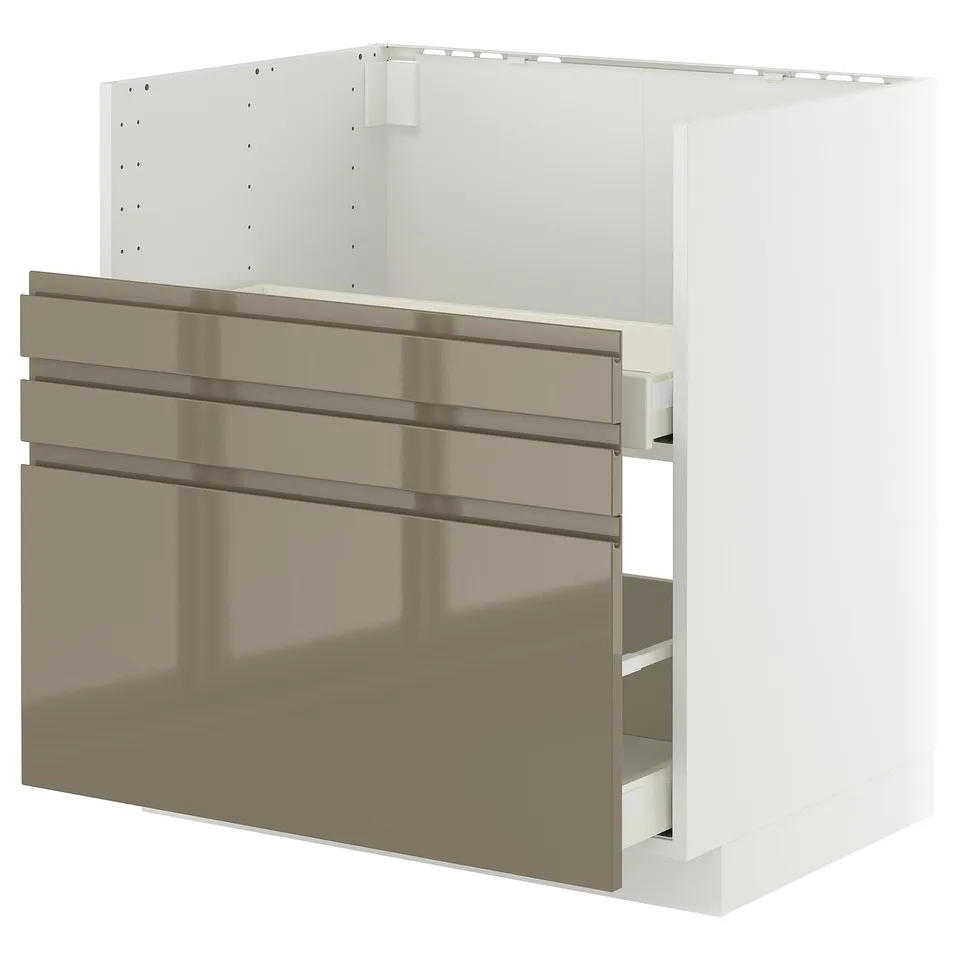 Modern kitchen cabinet, high gloss dark grey-brown, sleek handles, spacious drawers.