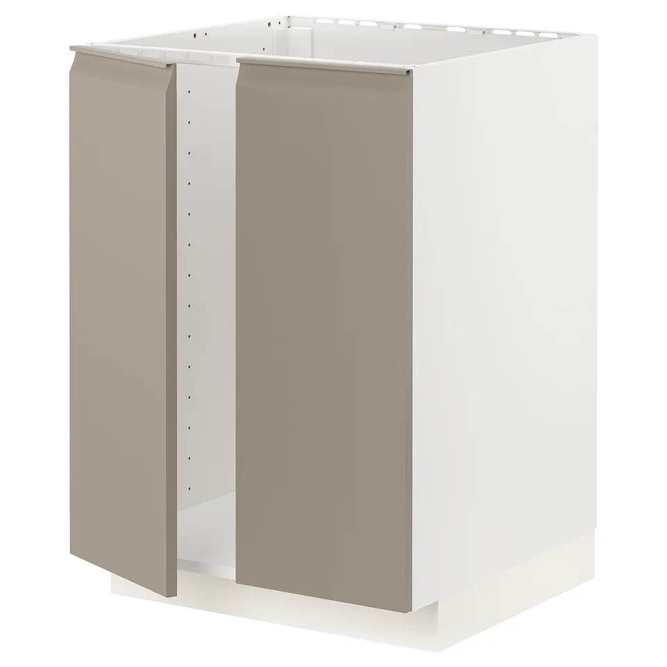 A white METOD kitchen cabinet with gray-beige doors featuring a modern design with integrated handles.