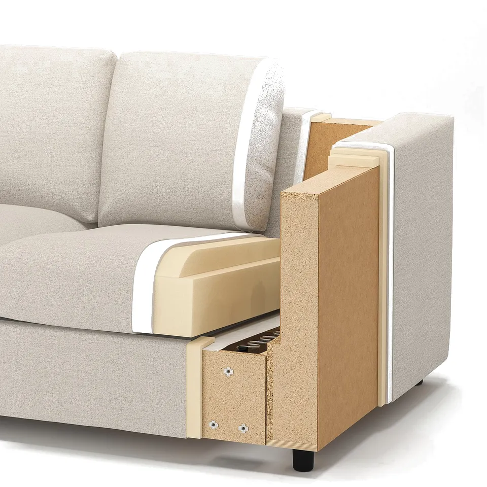 A sectional sofa with upholstered cushions, structural wood and steel frame, and polyester lining and cover.
