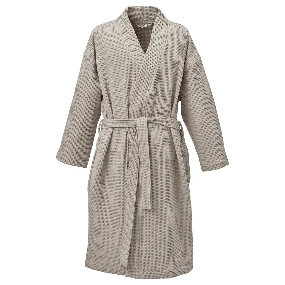 Grey GULDLÖNN robe, made from 50% recycled cotton, textured waffle design, collared neckline, 3/4 sleeves, tie front.