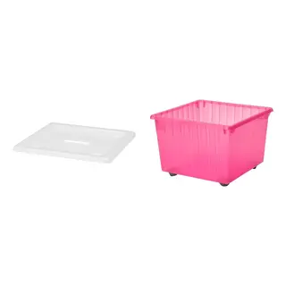 VESSLA set: storage crate with castors + lid, light pink + white, Length 39 x Width 39 x Height 28 cm