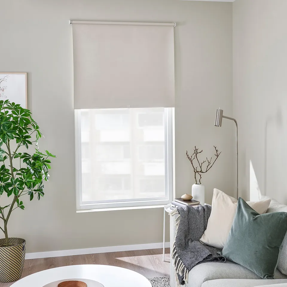 Minimalist living room with FÖNSTERBLAD blinds, green plant, artwork, and cosy sofa with pillows and lamp.