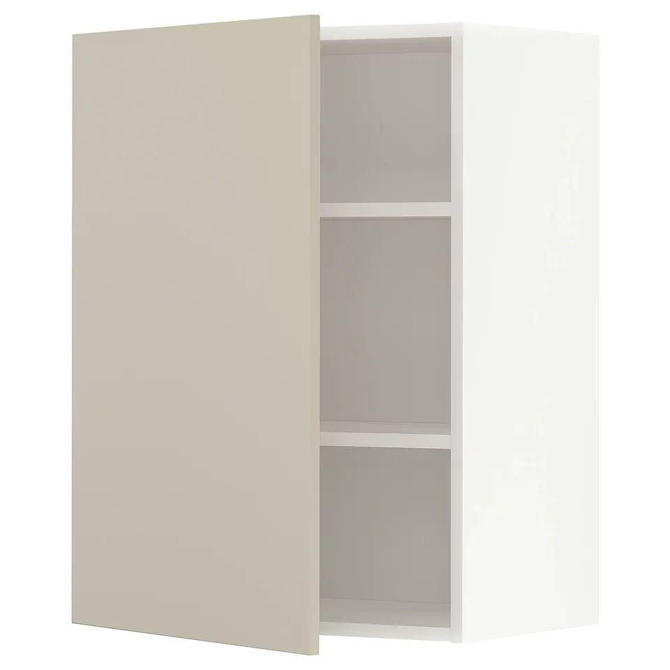 White METOD cabinet, beige door, 3 shelves, square, sleek modern design.