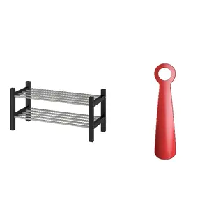SNÖSKYFFEL/TJUSIG set: shoe rack + shoehorn, black + bright red, 79x32x37 cm