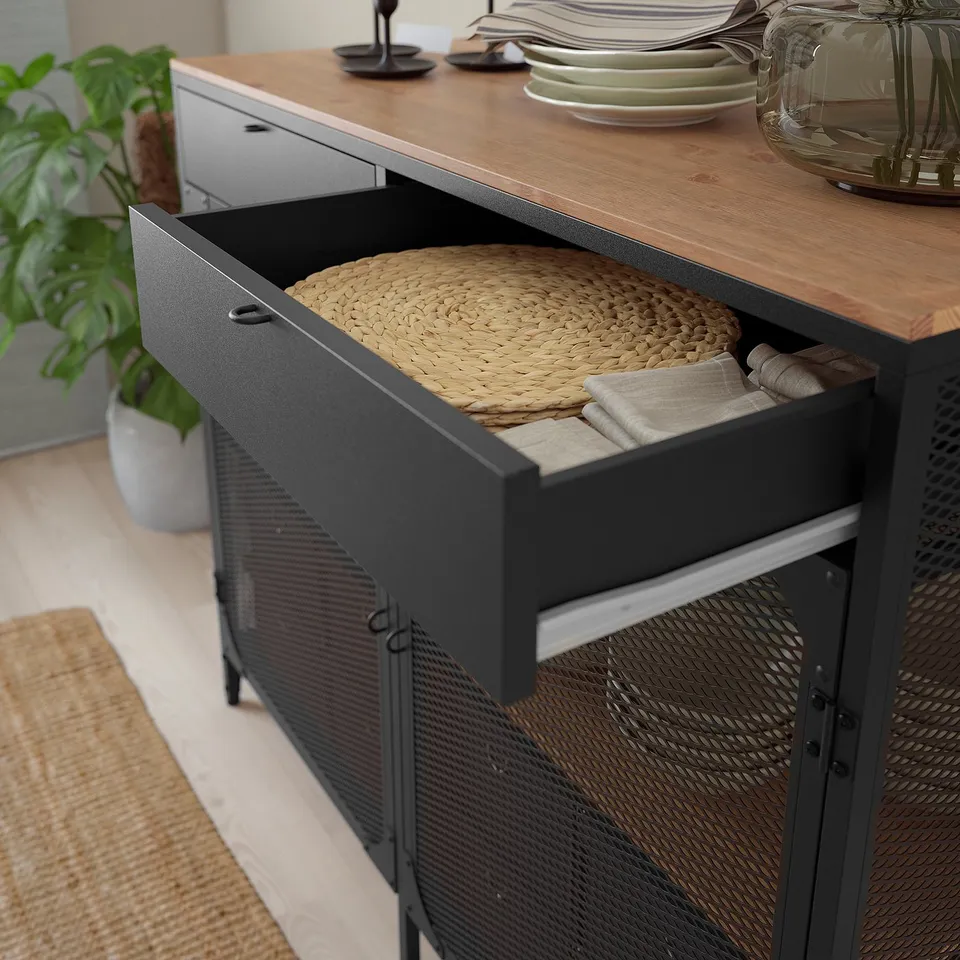Open rustic sideboard with woven item, practical storage solution.