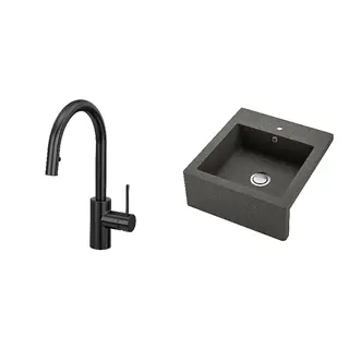 SALLSJÖN/TALLSJÖN set: sink bowl w visible front + kitchen mixer tap pull out, black + dark grey/stone effect, Height 370 mm