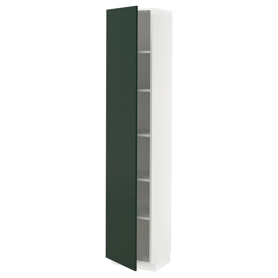 Vertical kitchen cabinet in white & green, sleek modern design, adjustable shelves.