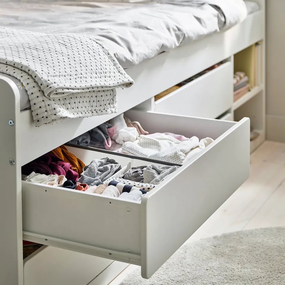 part: SLÄKT bed frame w storage+slatted bedbase