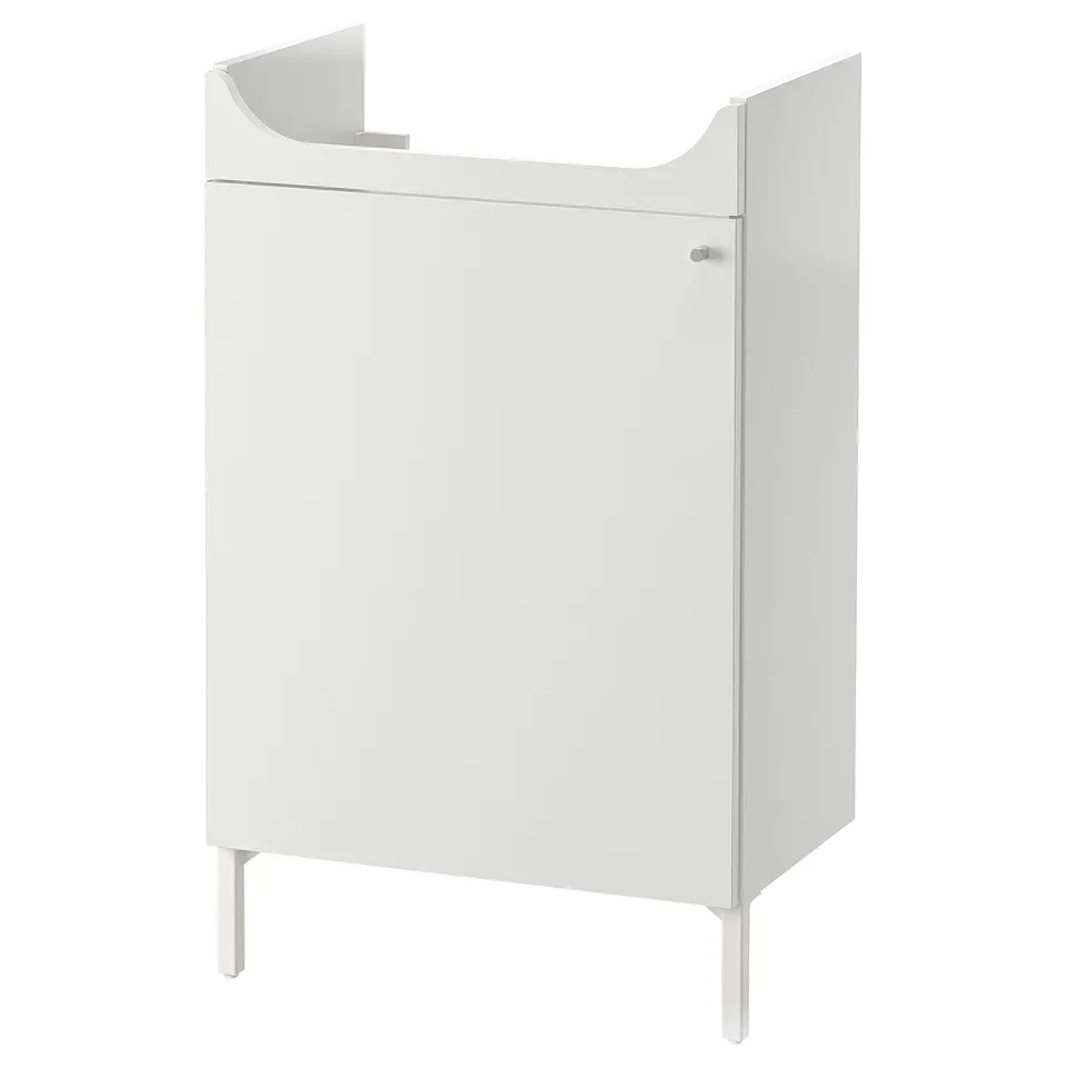 An off-white NYSJÖN bathroom cabinet, rectangular in shape, with a door and shelf, standing on four legs.