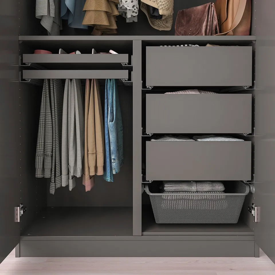 A modern wardrobe interior organiser with shelves and drawers for clothes and accessories, made for pax wardrobes.