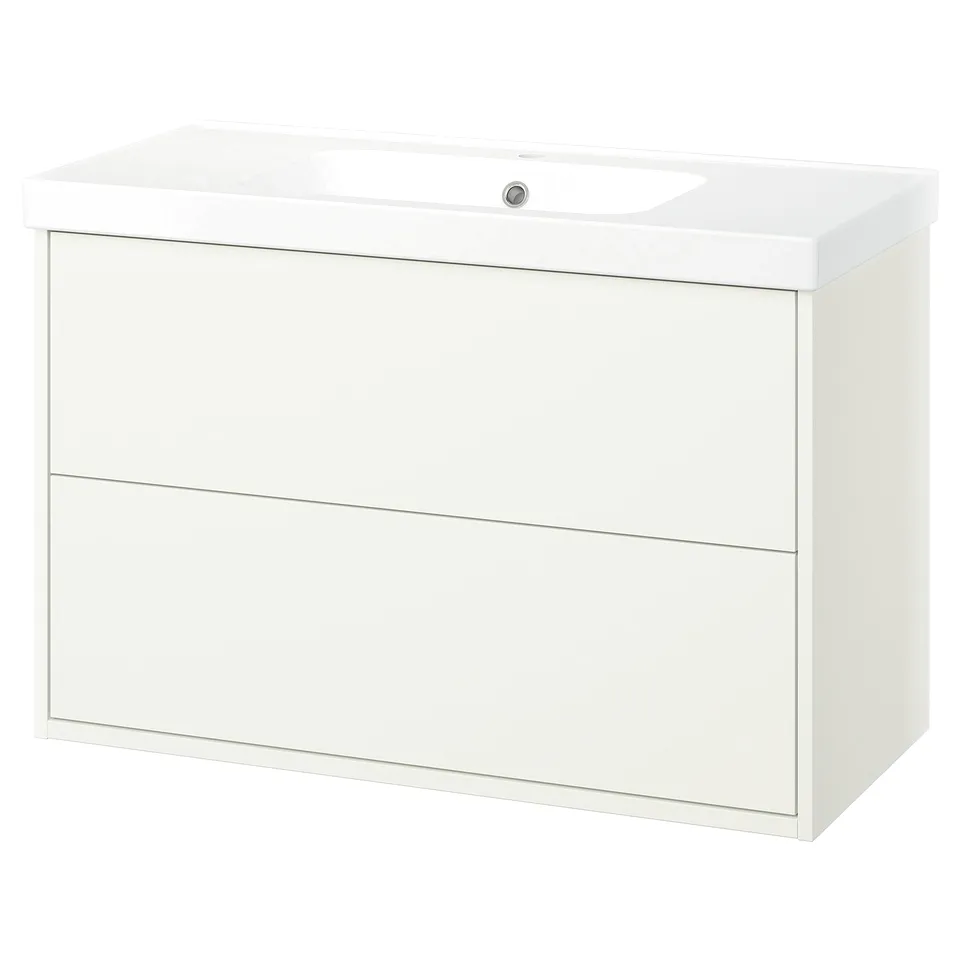 White HAVBÄCK bathroom vanity, sleek design, 2 drawers, wall-mount, ceramic basin.