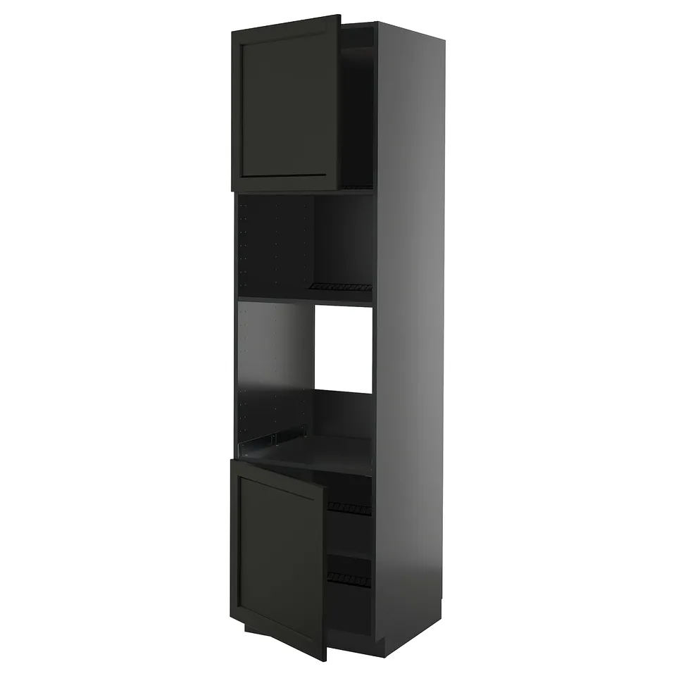 A tall, dark grey METOD kitchen cabinet with a traditional design, featuring multiple storage shelves and adjustable partitions.