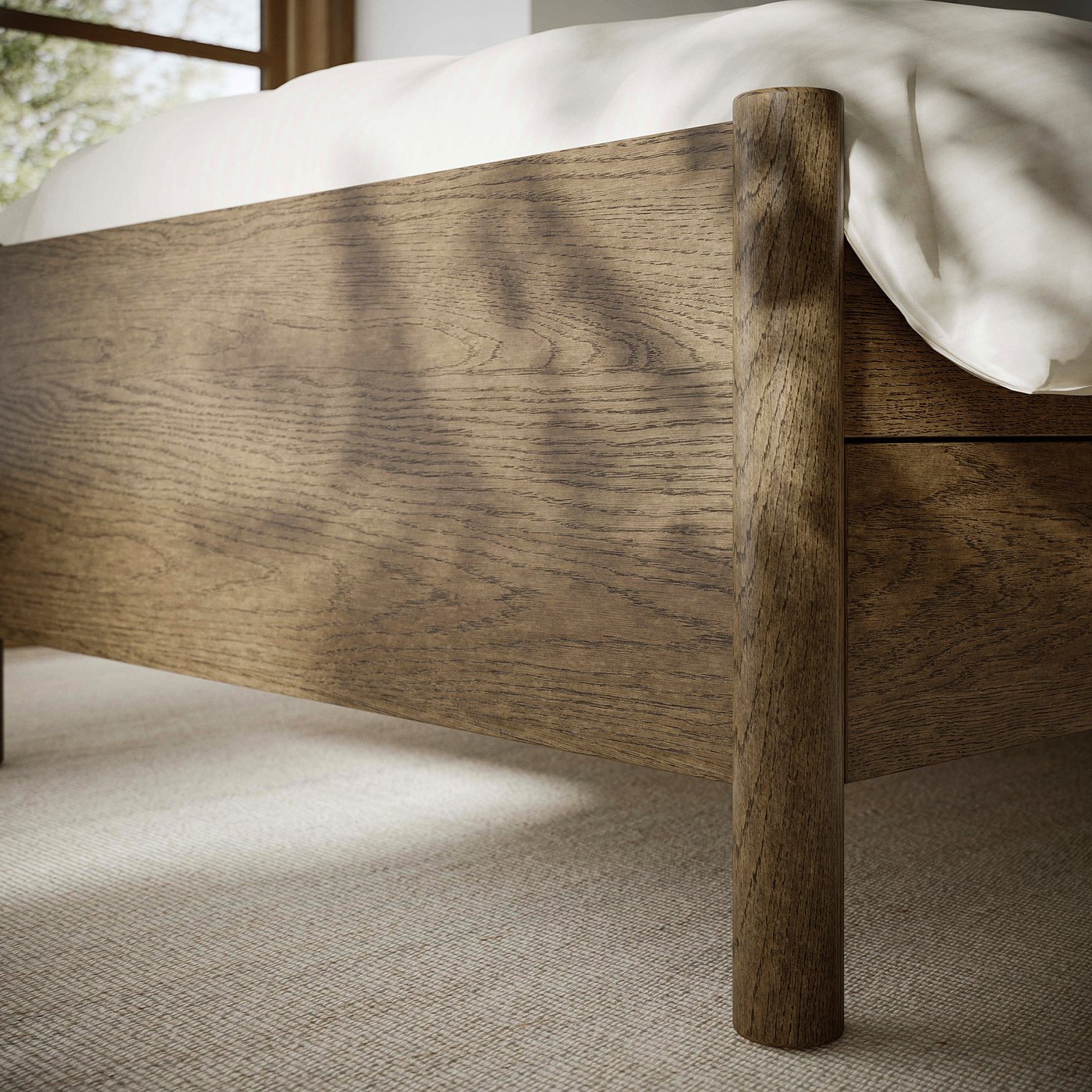 Wooden bed frame with elegant, brushed finish and sturdy posts, showcasing quality craftsmanship.