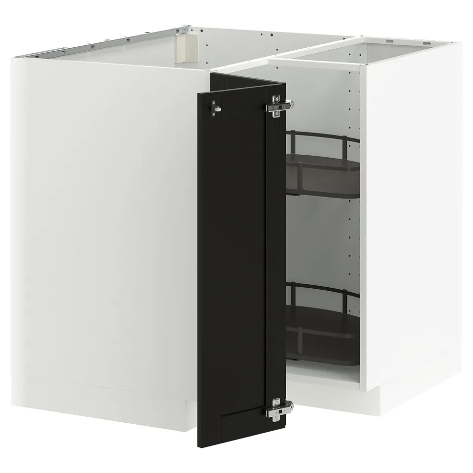 METOD kitchen unit: white, black door, square, horizontal shelves.