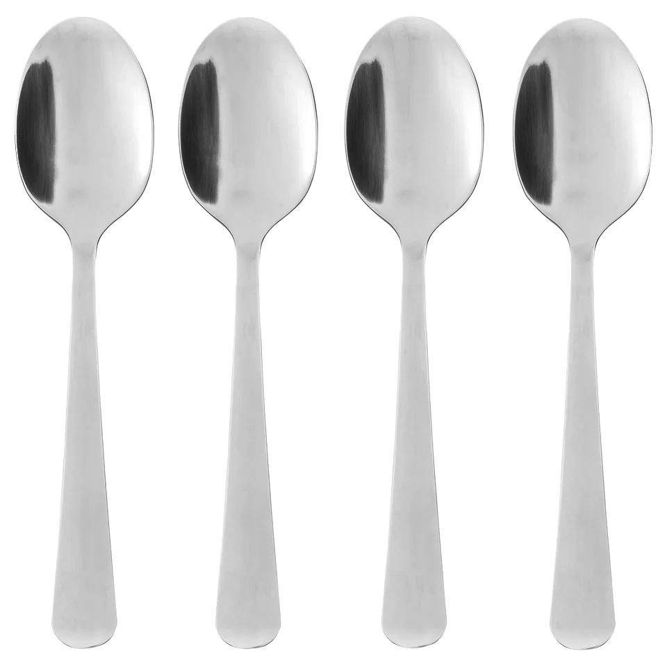 Four polished metal teaspoons line up neatly, shiny and silver, simple design, durable stainless steel.