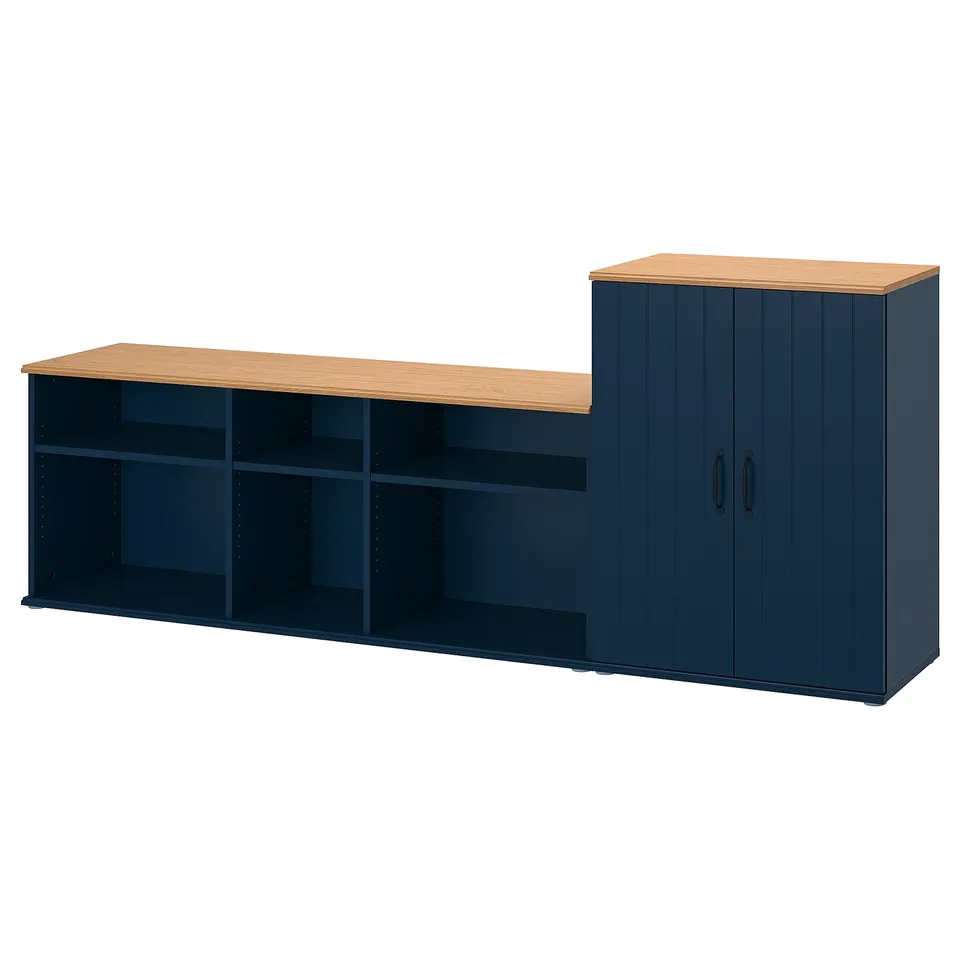 SKRUVBY blue tv unit. Wood top, particleboard body. Open & closed storage. Rectangle shape. Traditional style.