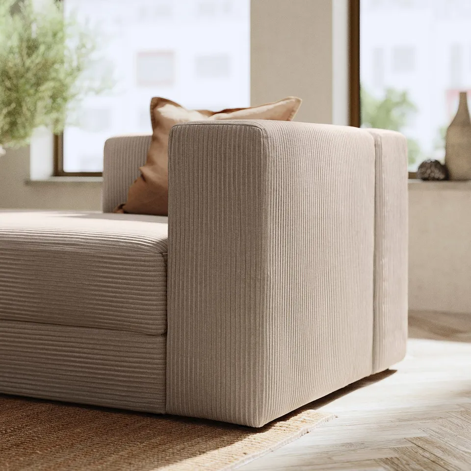 Beige JÄTTEBO sofa module, modern design. Wide-wale corduroy fabric, soft & comfortable, part of modular system.