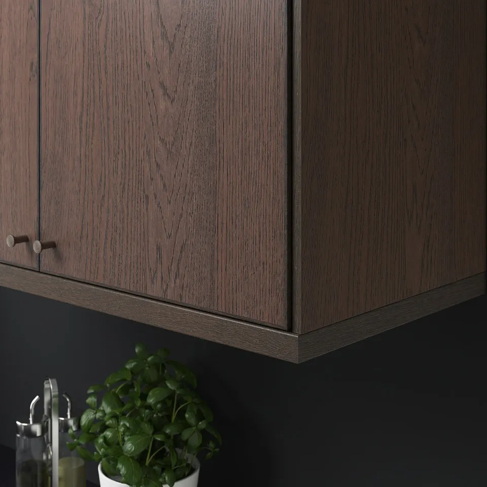 Wooden kitchen cabinet with dark finish and round handle, paired with a potted plant, creating a cosy kitchen atmosphere.