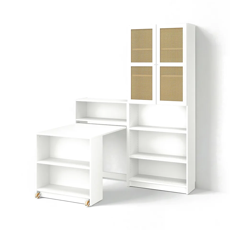 A white BILLY bookcase with foldable table, combining open and closed storage, perfect for modern minimalist spaces.