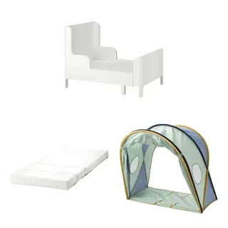 BUSUNGE/ELDFLUGA/ÖMSINT set: extendable bed + pocket spring mattress for ext bed + bed tent, white + blue/green, 80x200 cm