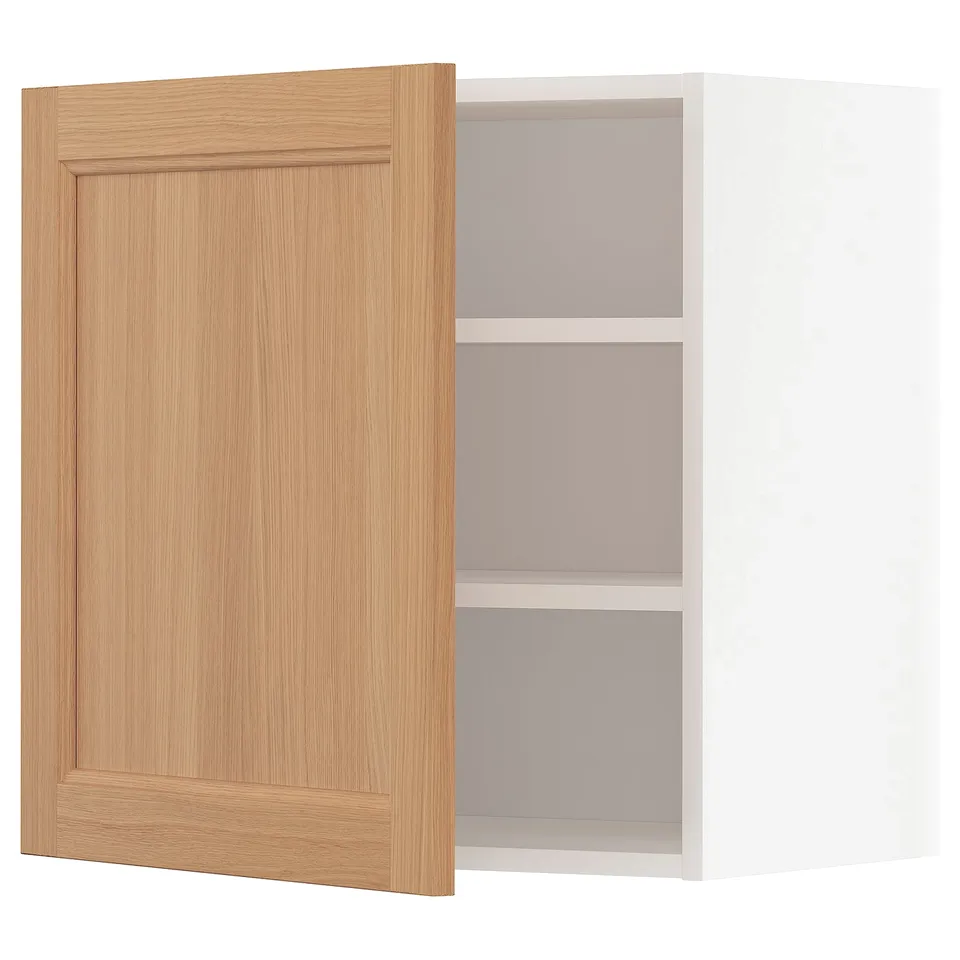 Modern wooden kitchen cabinet in light oak with adjustable shelves.