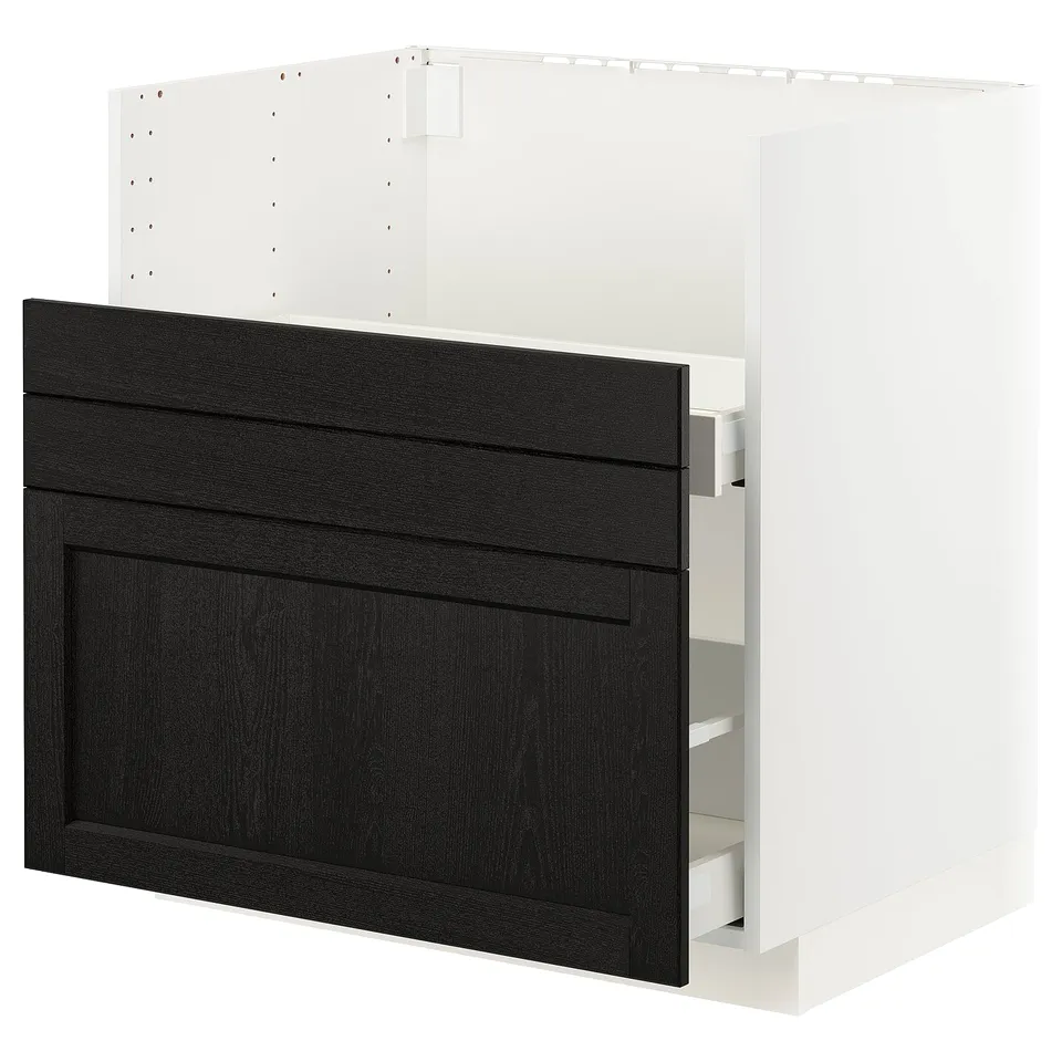 Modern kitchen cabinet, black-stained wood, white frame, sleek design.