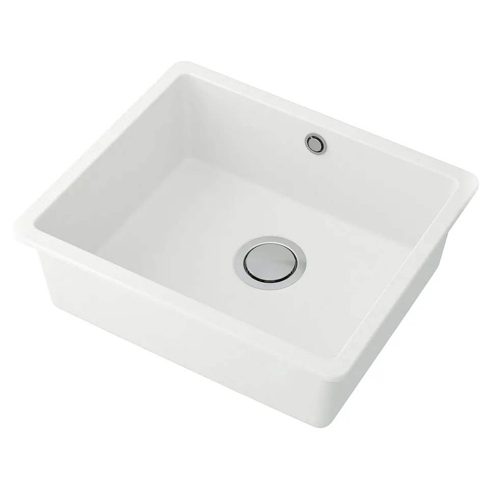 KILSVIKEN sink, white, quartz composite, single deep bowl, modern minimalist design.