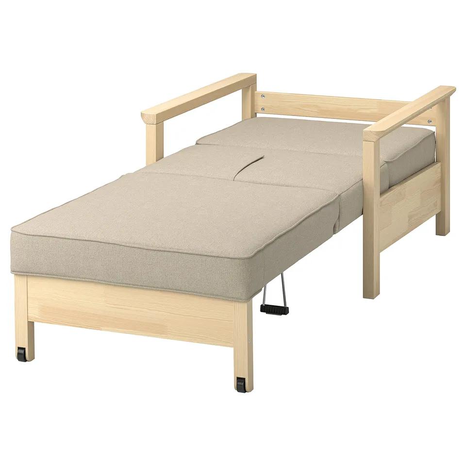 TORNSBORG light wood bed, beige cushion, fold-out armchair style, sleek minimalist design.