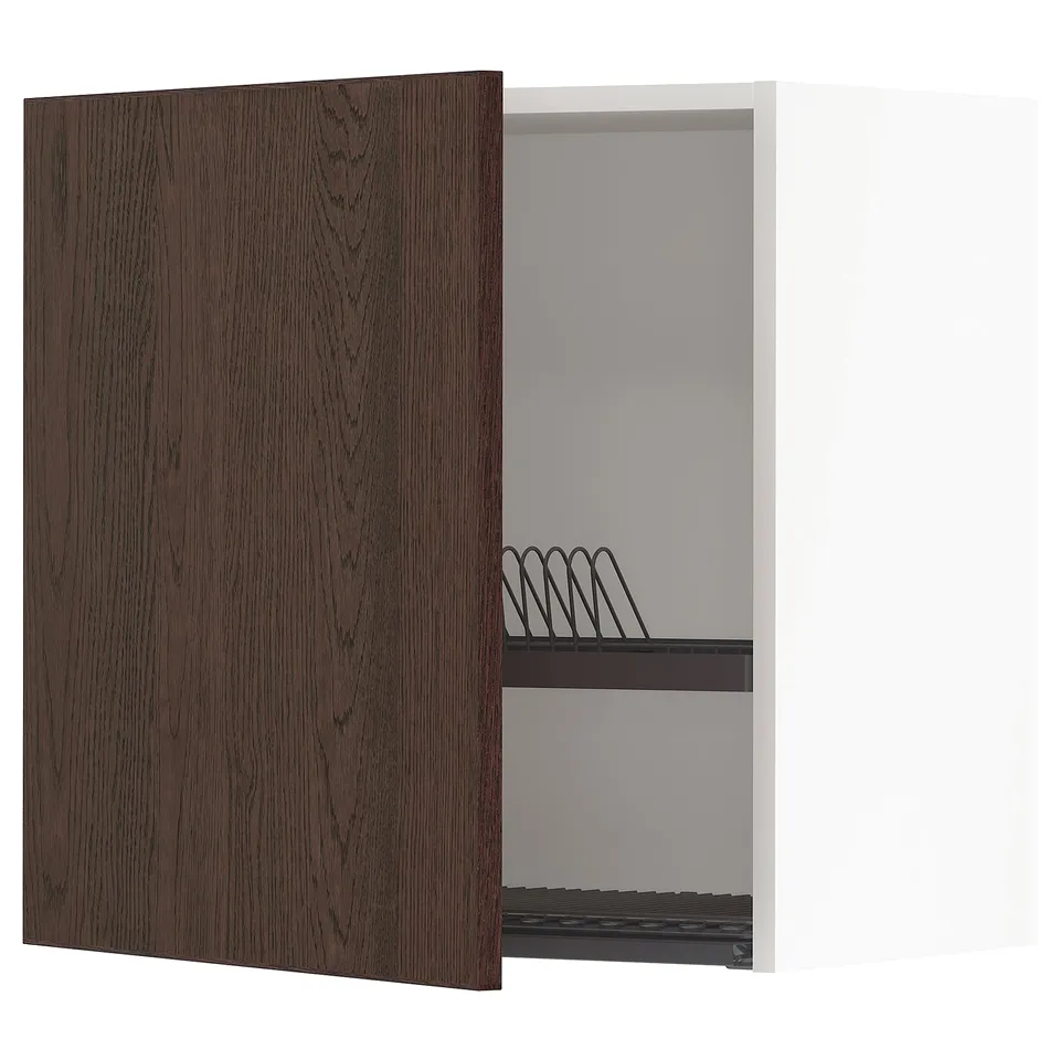 Modern kitchen cabinet with dark brown oak veneer, white interior, adjustable shelf, and dish rack.