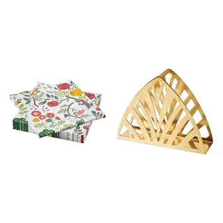 HAVSBRAXEN/TILLSTÄLLNING set: paper napkin + napkin holder, patterned multicolour + brass-colour, 33x33 cm