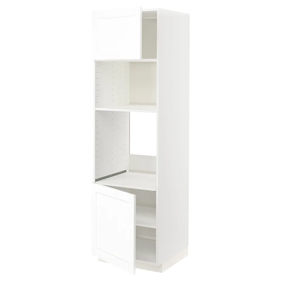 A white METOD kitchen cabinet with one open door, featuring a simple, modern design made from particleboard and foil.