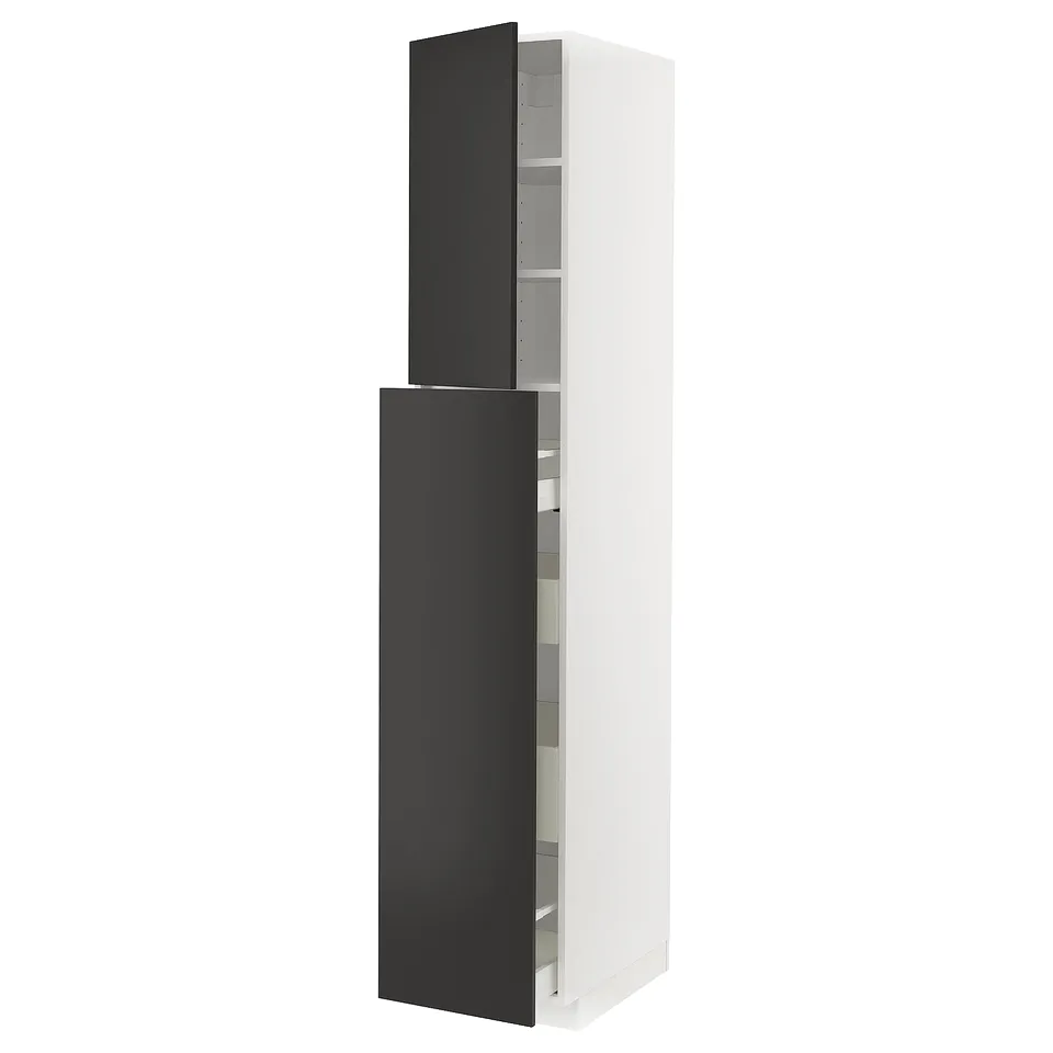 A tall, narrow METOD kitchen cabinet. It two dark black doors, one on top and one in the middle, with white sides and shelves visible.