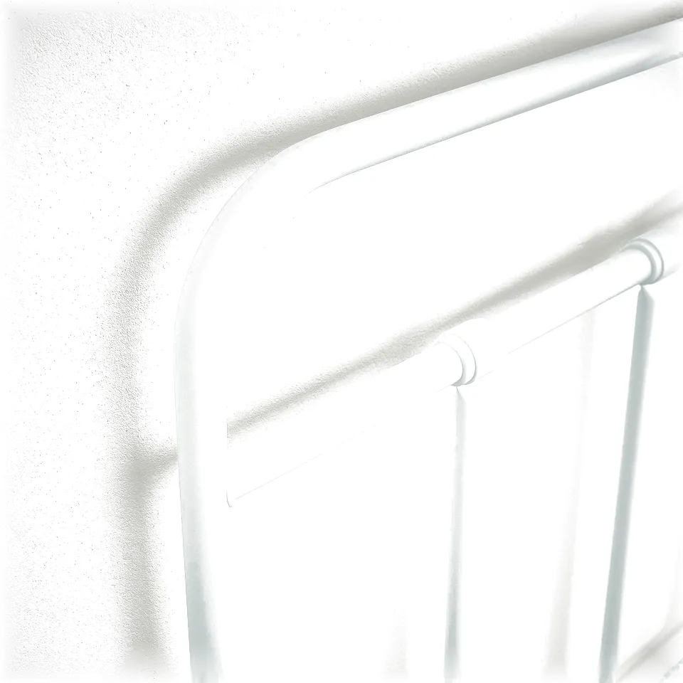 A close-up of a white metal bed frame with curved headboard and footboard. The frame is robust and powder-coated for durability.