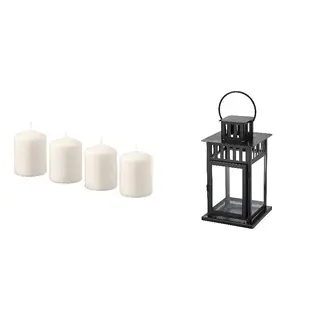 candle(unscented) + closed lantern set: unscented pillar candle + lantern for block candle, natural + in/outdoor black, 8 cm 15 hr