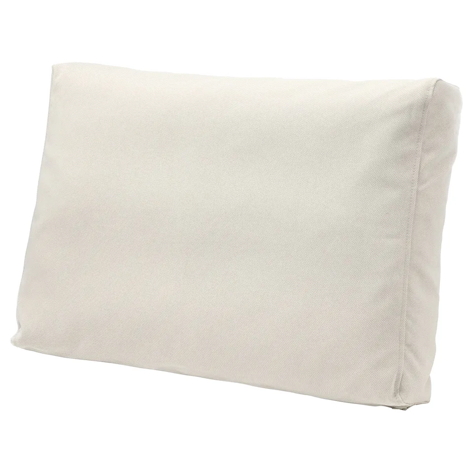 Displays a beige outdoor pillow named FRÖSÖN/DUVHOLMEN, made from recycled polyester, rectangular with zip detail.