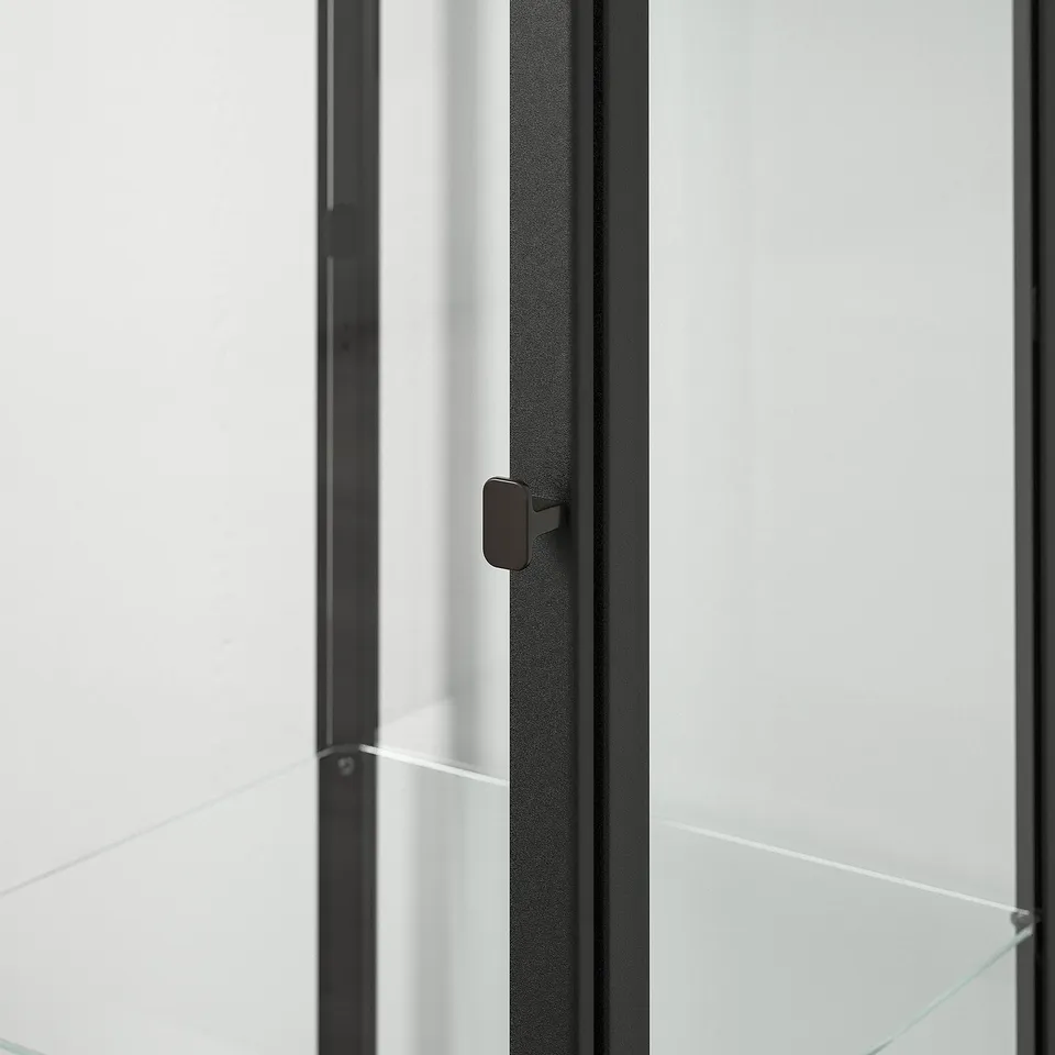 Close-up of BLÅLIDEN glass-door cabinets door handle and frame, showcasing sleek, modern design with black metal and clear glass.