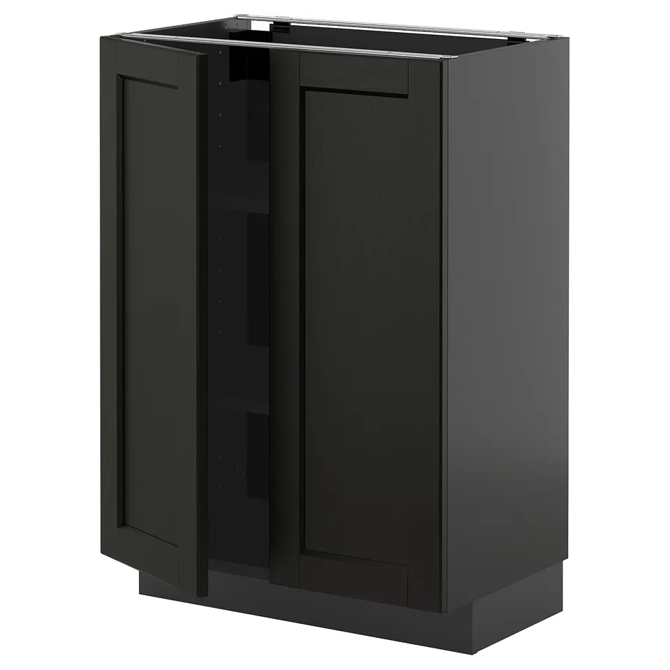 Black kitchen cabinet with two doors, featuring a rectangular shape and bevelled edges for a traditional style.