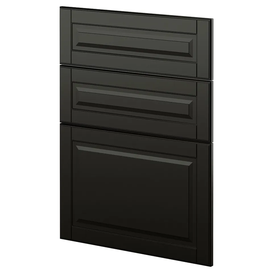 Black kitchen cabinet, modern, flat panel design, three drawers and one door with bevelled edges.
