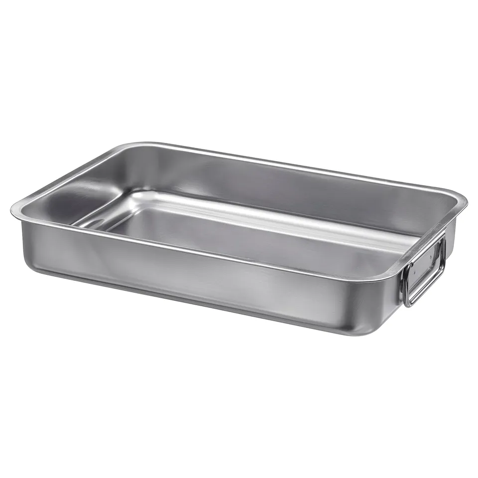 KONCIS stainless steel roasting tin, rectangular with handles, suitable for oven and grill.