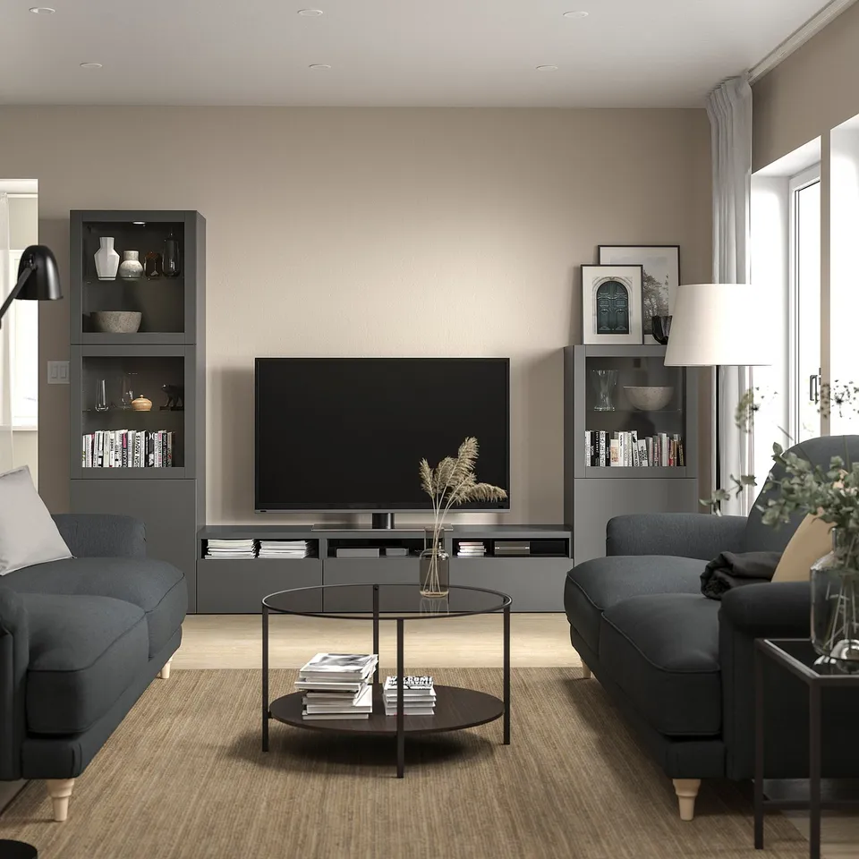 Modern living room with BESTÅ tv unit, two sofas, and coffee table.