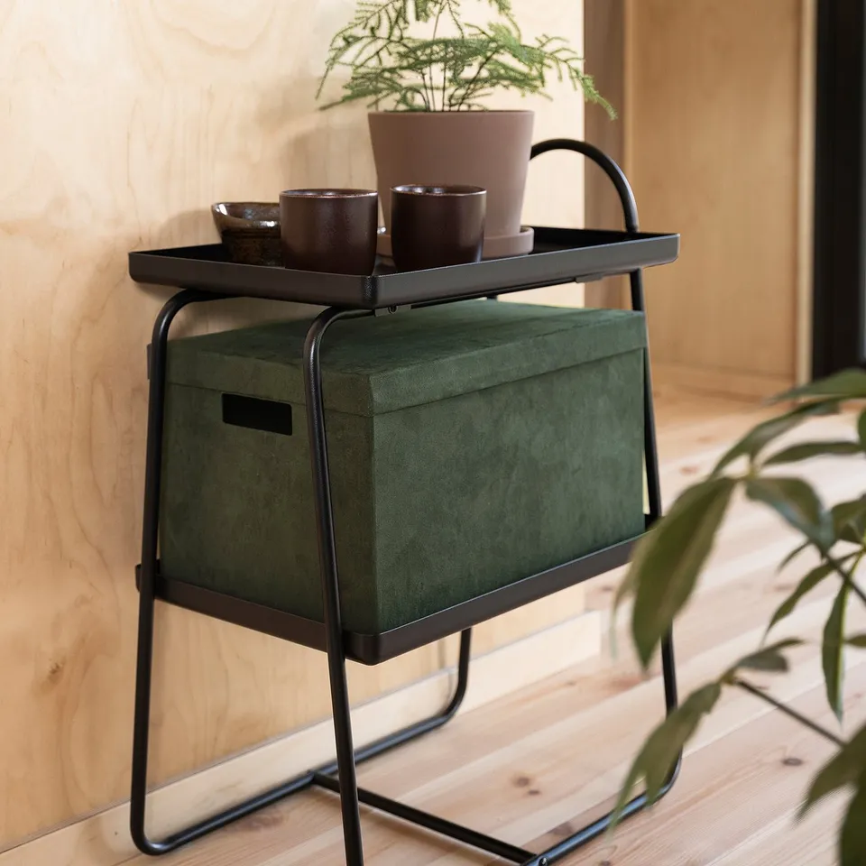GJÄTTA dark green velvet storage box on black metal stand, fits a4/american size, used with cups & plant, soft, organised.