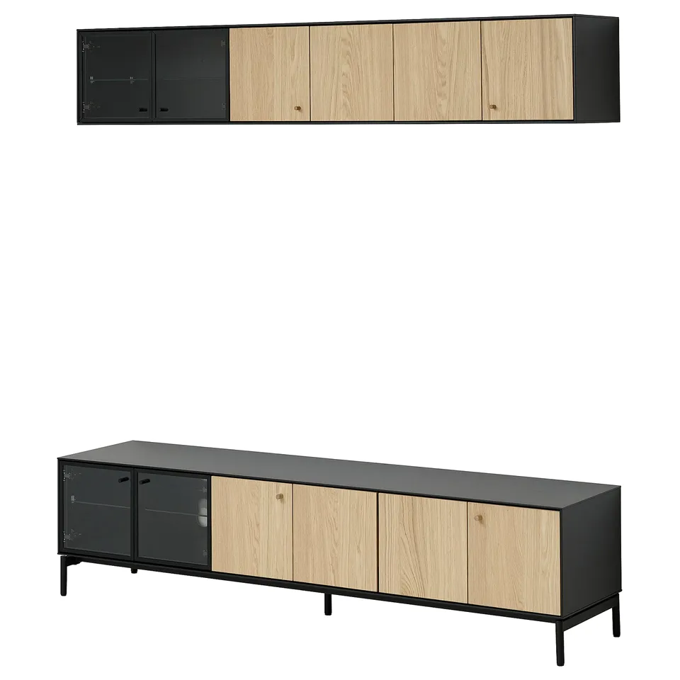 Two-piece BOASTAD set: modern tv bench, wall shelf. Dark grey with oak doors. Slim, sleek design. Adjustable feet, cable management.
