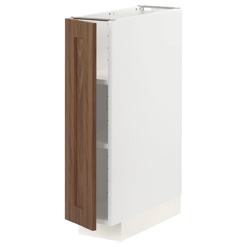 White and wood METOD kitchen cabinet, rectangle shape, adjustable shelves.