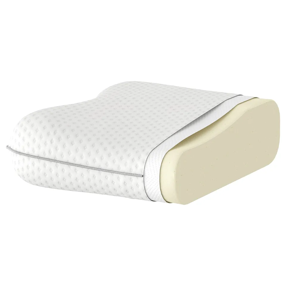 White pillow with textured cover, featuring contoured memory foam and a smooth side layer, designed for comfort.