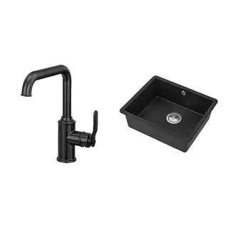 KILSVIKEN/TAKSJÖN set: kitchen mixer tap single side lever + inset sink, 1 bowl, black + black quartz composite, Height 295 mm