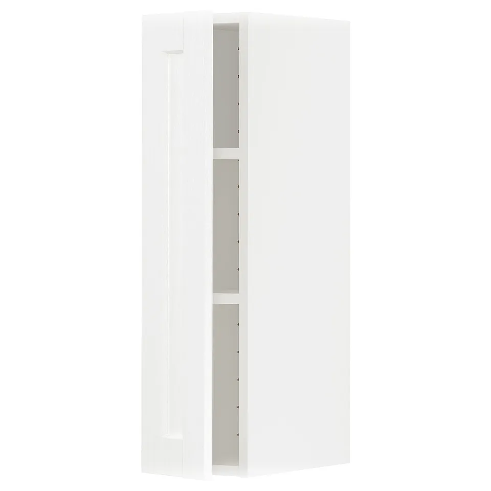 White METOD kitchen cabinet with glossy finish and two open shelves.