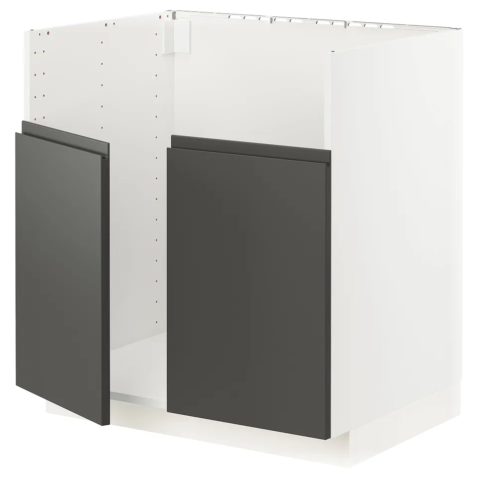 METOD kitchen unit, white frame, dark grey doors, modern design.