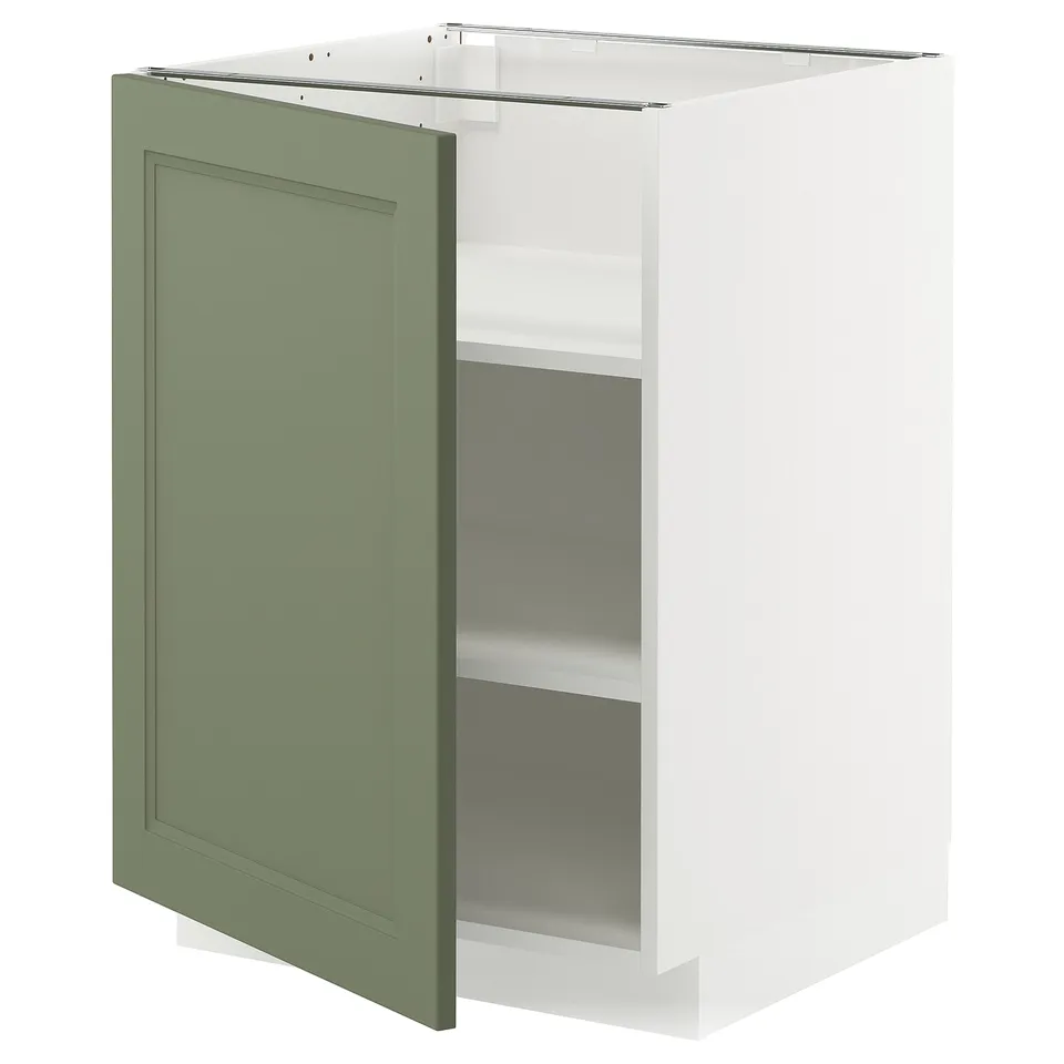 White METOD cabinet with green hinged door and adjustable shelf.
