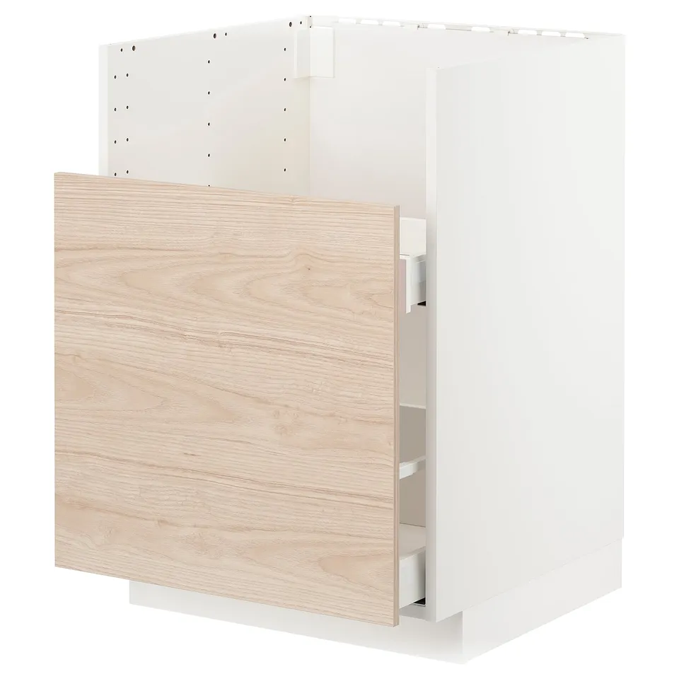 METOD kitchen cabinet, light ash wood, white sides, rectangular shape, modern design.